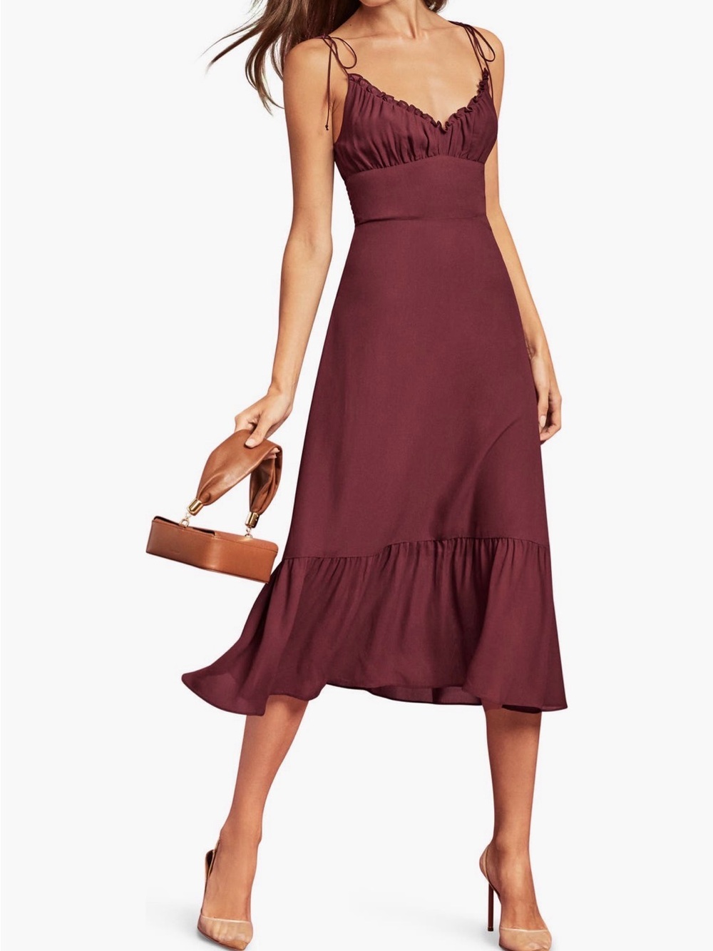 Reformation Burgundy Tie-Shoulder Midi Dress